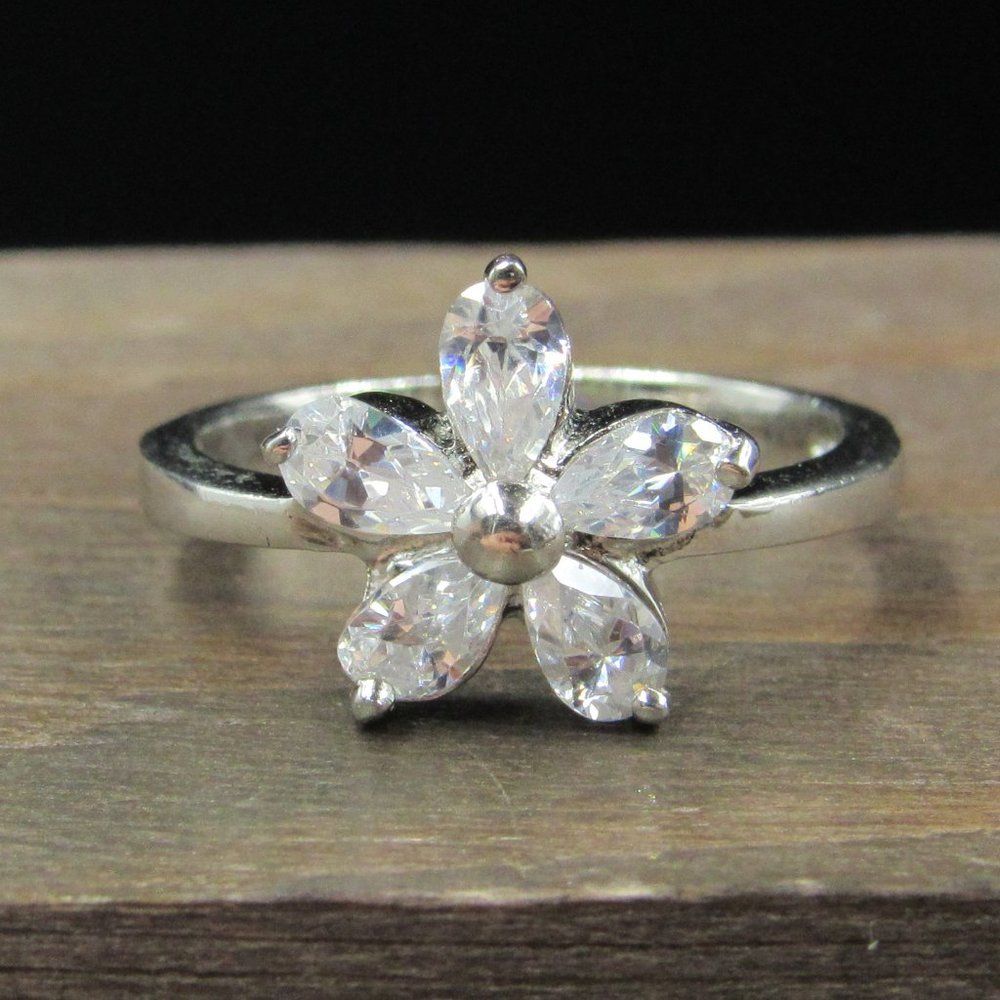 Size 6 Sterling Silver Flower Cubic Zirconia Band Ring